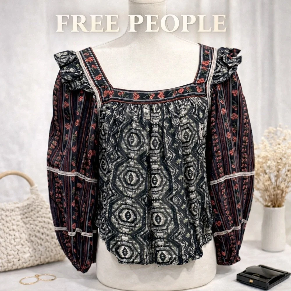 Free People Boho Puff Sleeve Mixed Print Blouse India Cotton S